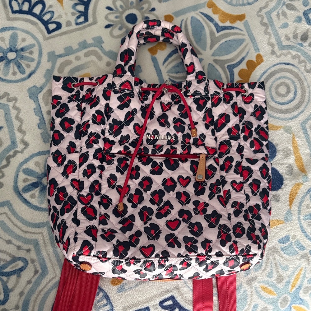 MZ Wallace Pink and Black Heart Leopard Quilted Backpack Tote